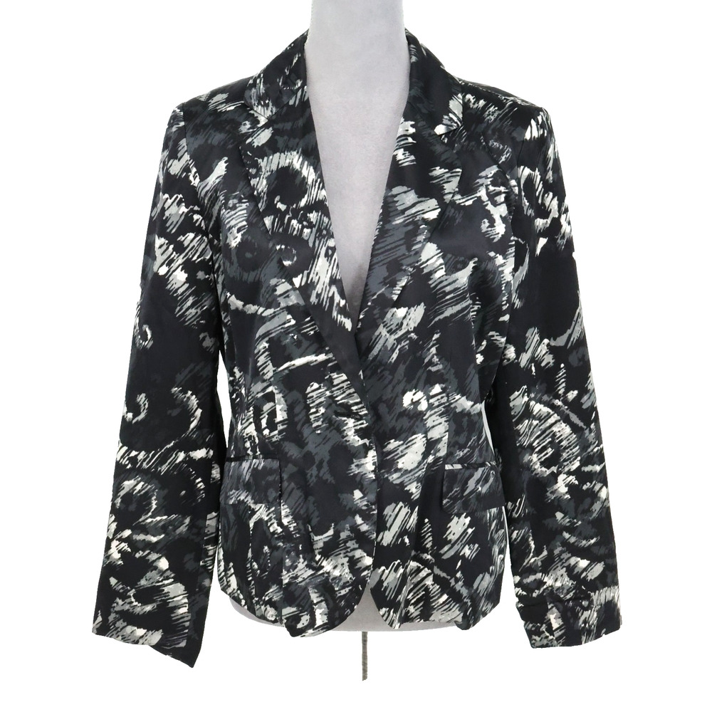 Chicos Jacket 1 Womens 8 Medium Black Gray Silk Blend Lined Blazer Career
